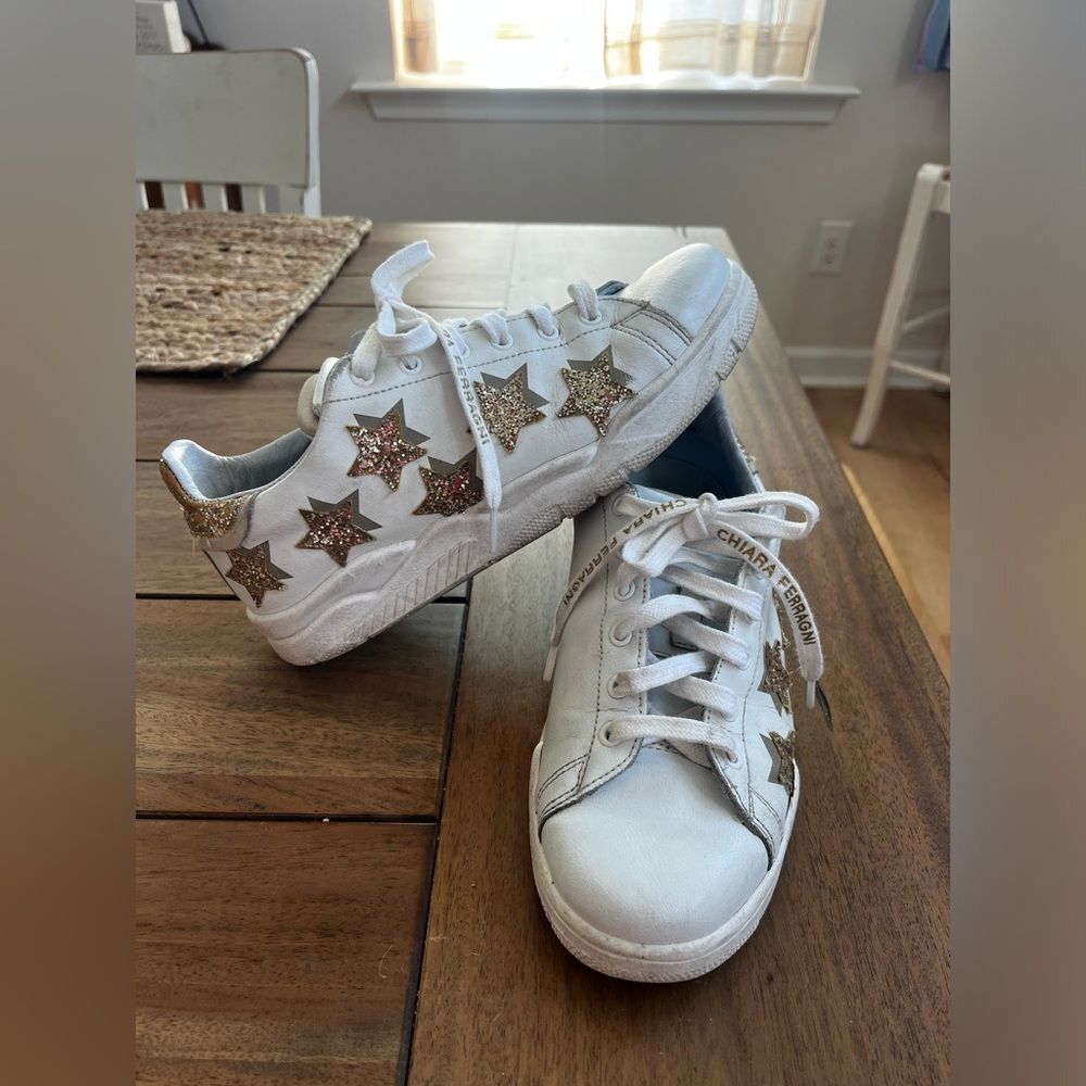 Chiara Ferragni White Sneakers with Gold Glitter Stars